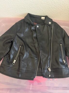 Zara Black Faux Leather Moto Jacket with Silver Zippers - Kids